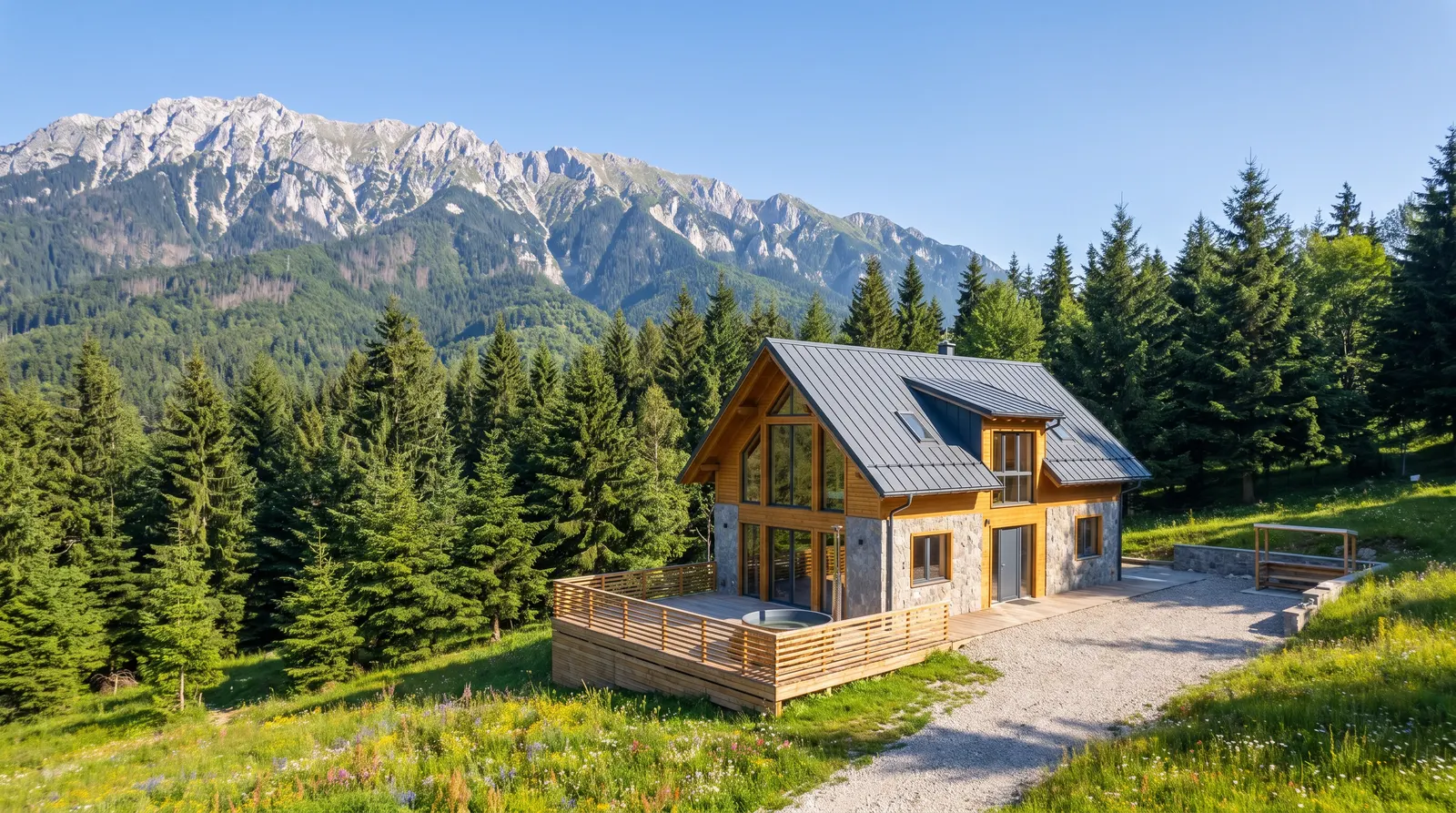 Cabana vara, văzută din dronă, cu Piatra Craiului în spate