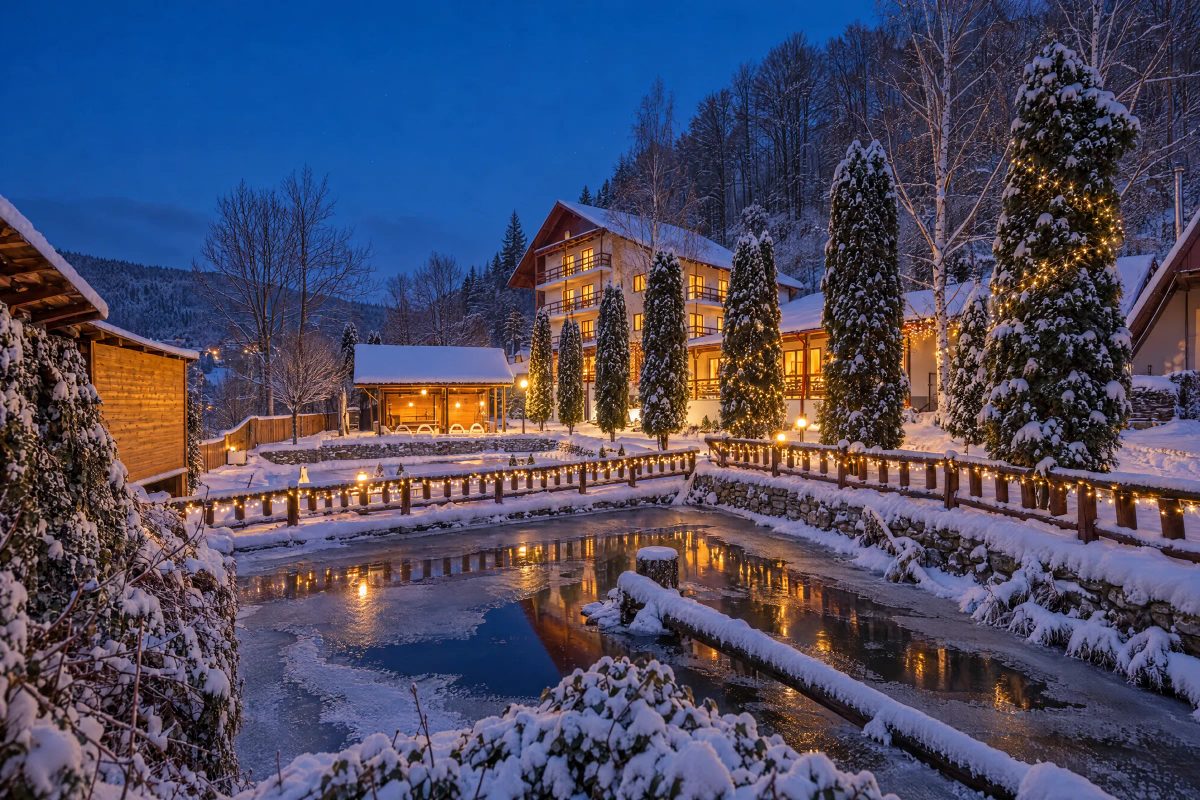 Rare Forest Retreat iarna, cu luminițe de sărbători, în Bran