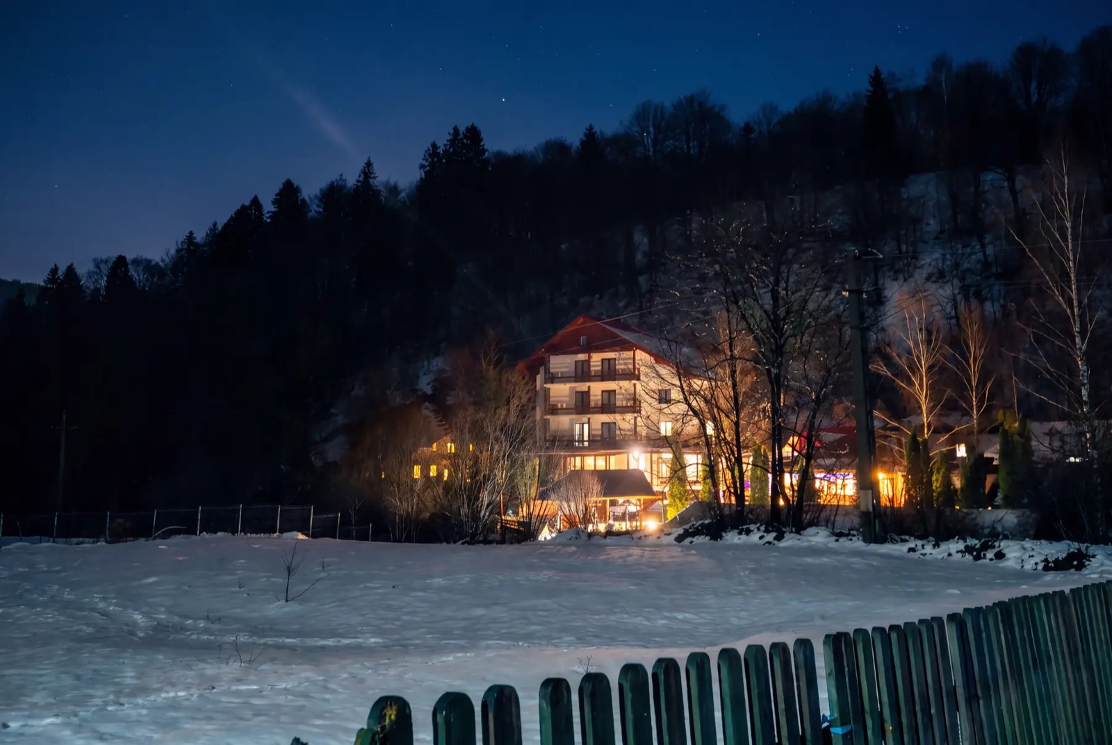 Rare Forest Retreat într-o noapte de iarnă, în Bran
